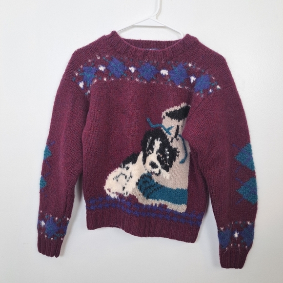 Vintage Woolrich 100% Wool Purple All Over Print Dog Puppy Sweater Size Small - Picture 1 of 5